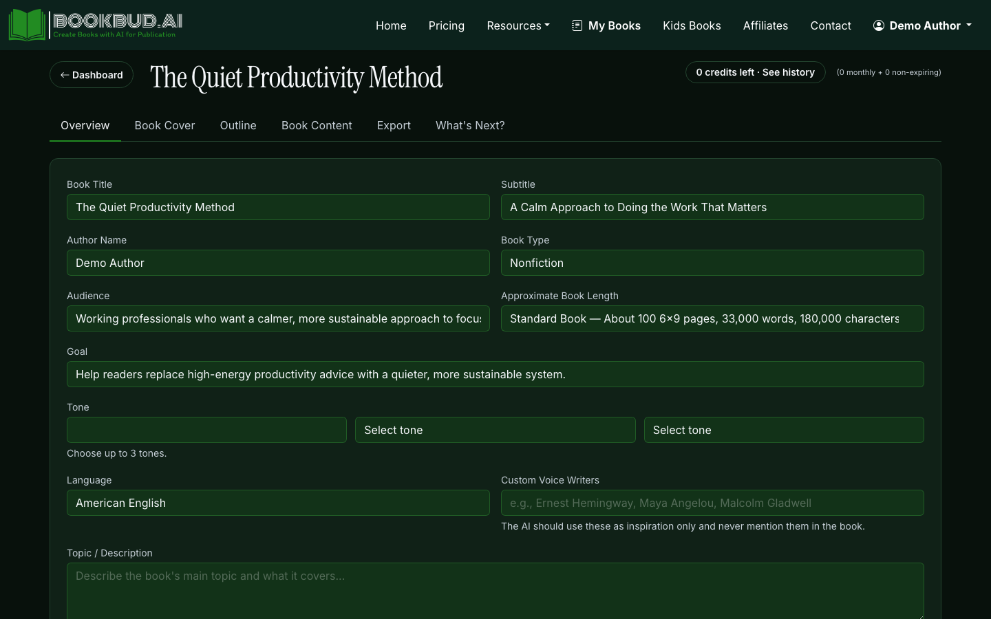 The project page where outline, sections, editor, and cover live together.